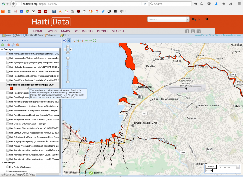 A map of flood zones in Haiti, rendered with GeoNode. Vulnerable areas are highlighted in red, over a base map showing a street map of Port-au-Prince. The mouse is hovering over a menu item which explains that "This map layer modelizes areas of frequent flooding for Port-au-Prince region."