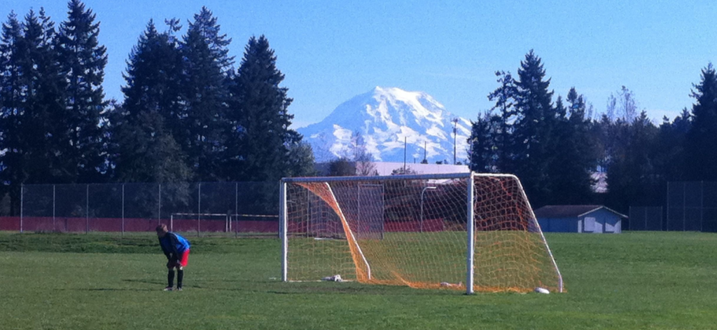 A soccer goal with a gorgeous snow-capped mountain backdrop.